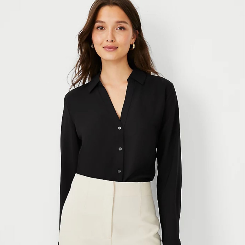 Ann Taylor Button Up Long Sleeve Black Blouse Small Workwear Career Office